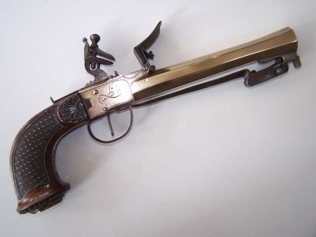 A Fine Cased Belgium made Flintlock Box-Lock Pistol with Spring Bayonet circa 1800 — image 2